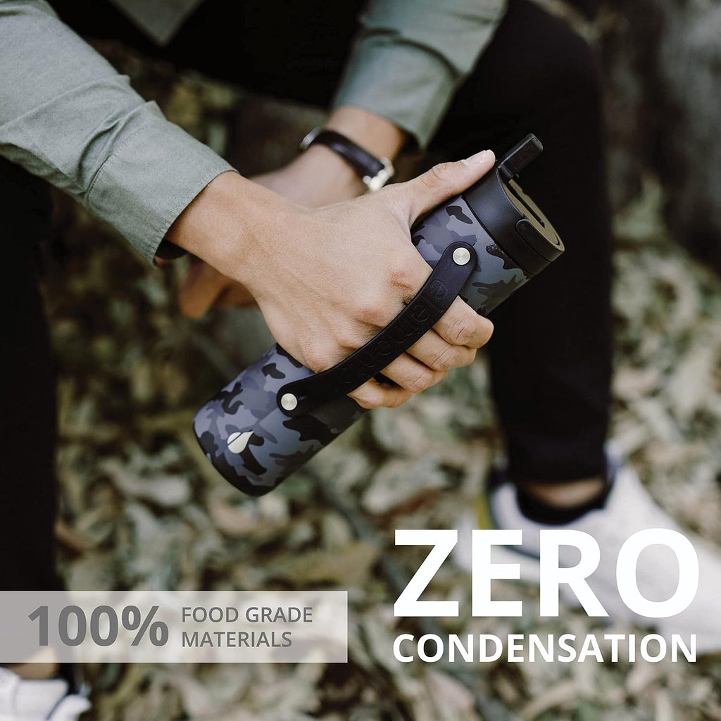 Iconic Stainless Steel Water Bottle with Straw - 20 Oz Leak Proof Triple Wall Insulated Water Bottles for Travel and Sports - Reusable Gym Water Bottle with 2 Straws - Black Camo