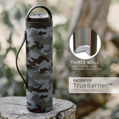 Iconic Stainless Steel Water Bottle with Straw - 20 Oz Leak Proof Triple Wall Insulated Water Bottles for Travel and Sports - Reusable Gym Water Bottle with 2 Straws - Black Camo